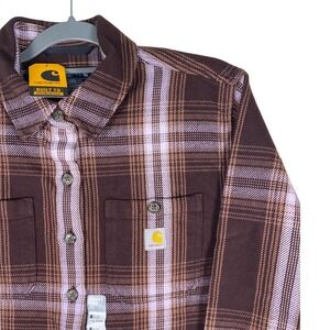 Carhartt Womens Flannel Shirt Jac Loose Fit Plaid Button Up Workwear Brown M NWT